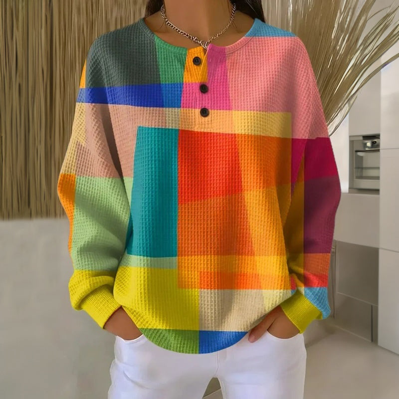 Felpa donna multicolore con bottoni e motivo geometrico