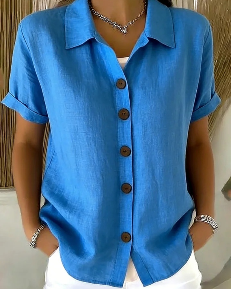 Blusa donna verde con bottoni e maniche corte