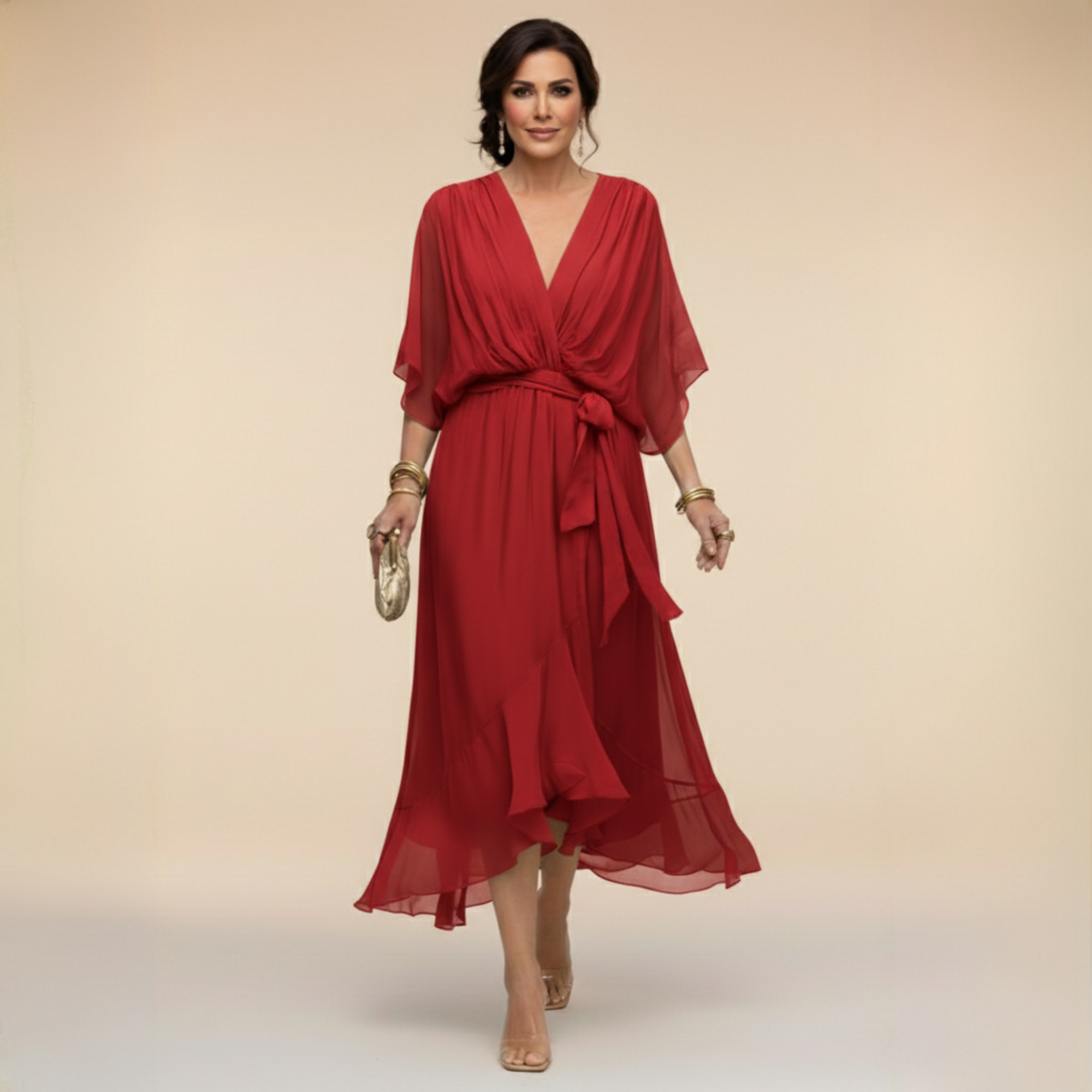 Abito midi da donna elegante in chiffon con scollo a V