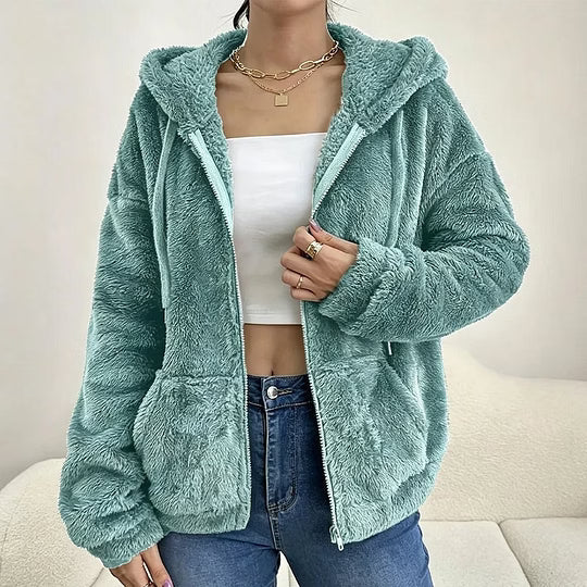 Giacca donna effetto teddy con cappuccio e zip frontale