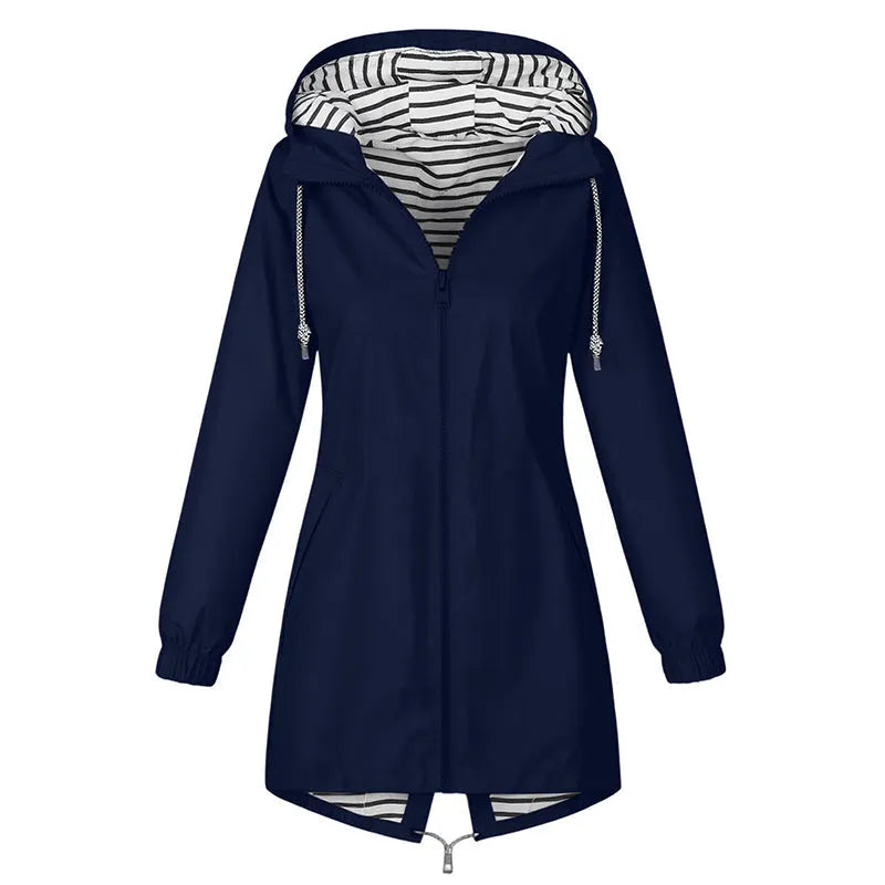 Impermeabile donna lungo con cappuccio e fodera a righe