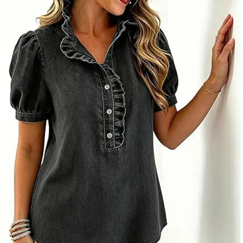 Top donna in denim con volant e maniche a sbuffo