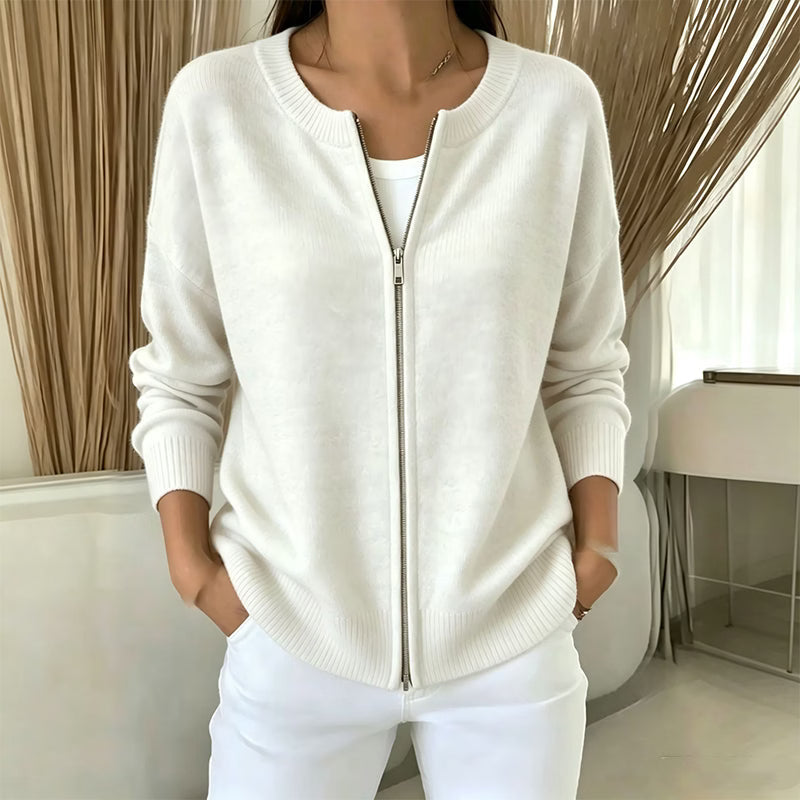 Cardigan donna in maglia con zip e collo rotondo