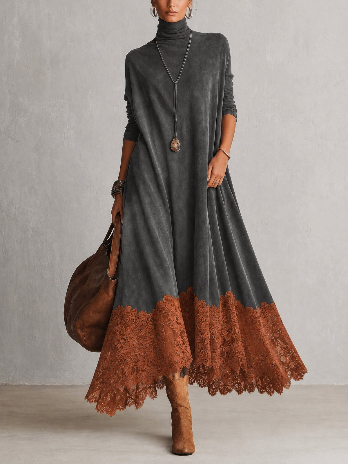 Abito maxi donna effetto suede con collo alto e bordo in pizzo