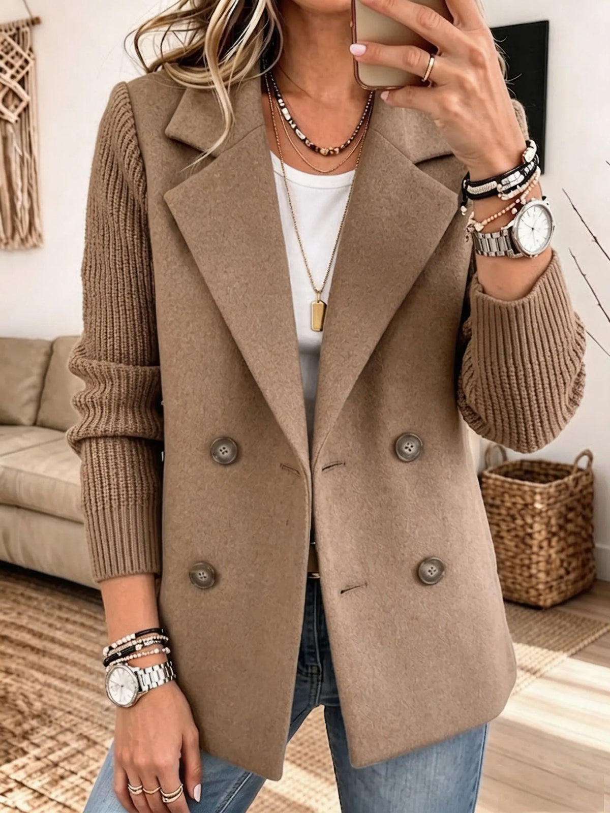 Giacca donna elegante con maniche in maglia a coste e bottoni