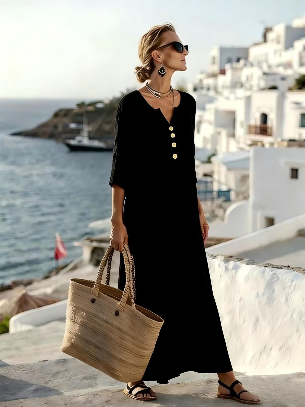 Abito maxi da donna in cotone lino con bottoni