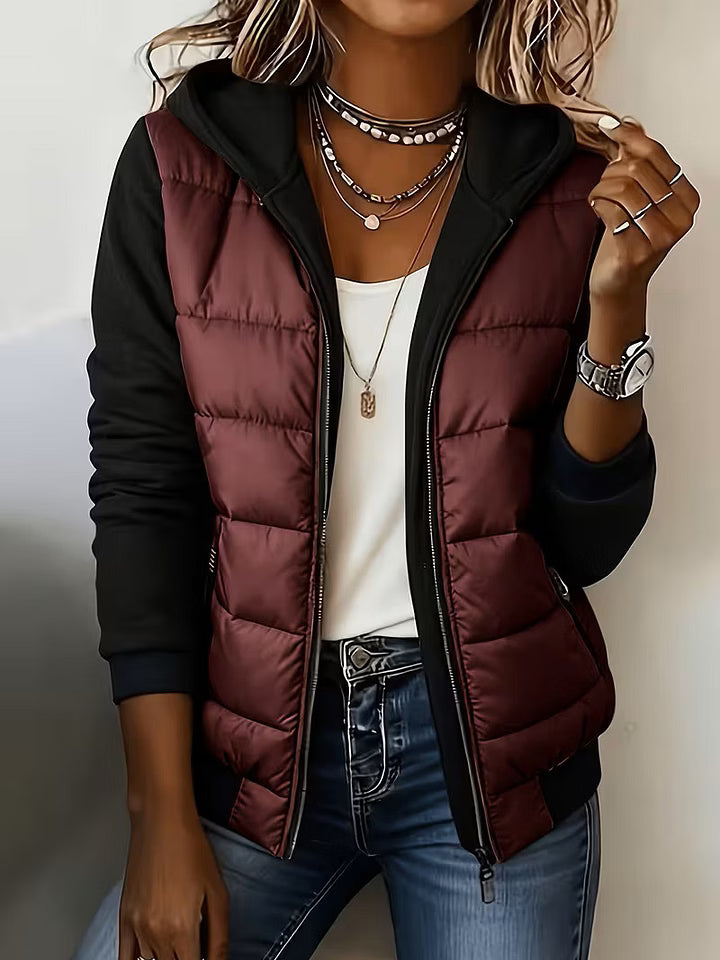 Giacca trapuntata donna bicolore con cappuccio e zip