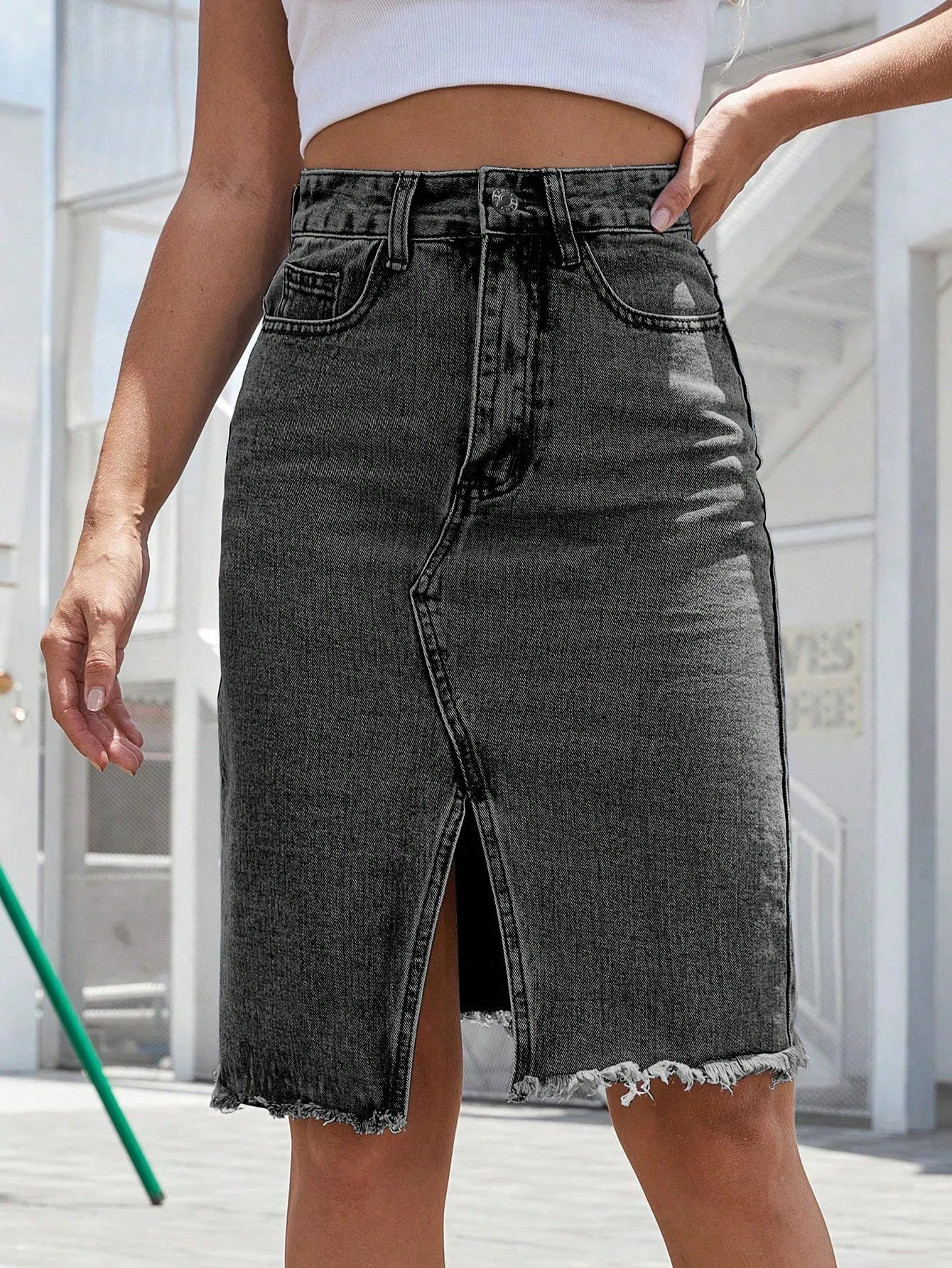 Gonna jeans donna a vita alta con spacco frontale
