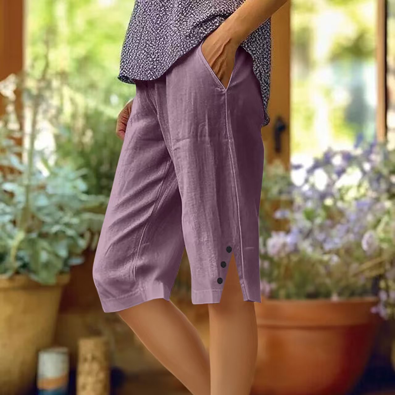 Pantaloni capri donna leggeri con tasche laterali