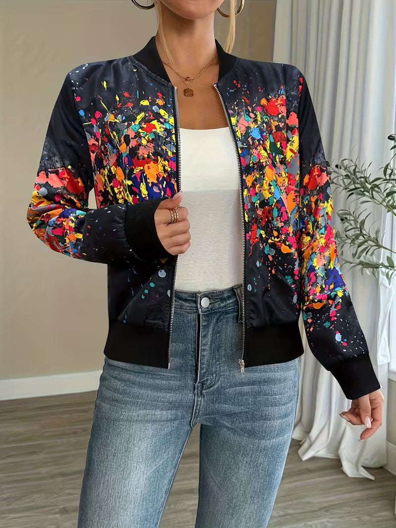 Giacca bomber donna stampata con zip e dettagli a contrasto
