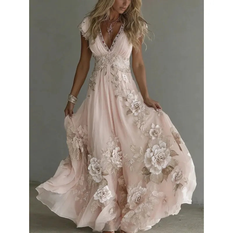 Abito donna lungo in chiffon con pizzo ricamato floreale