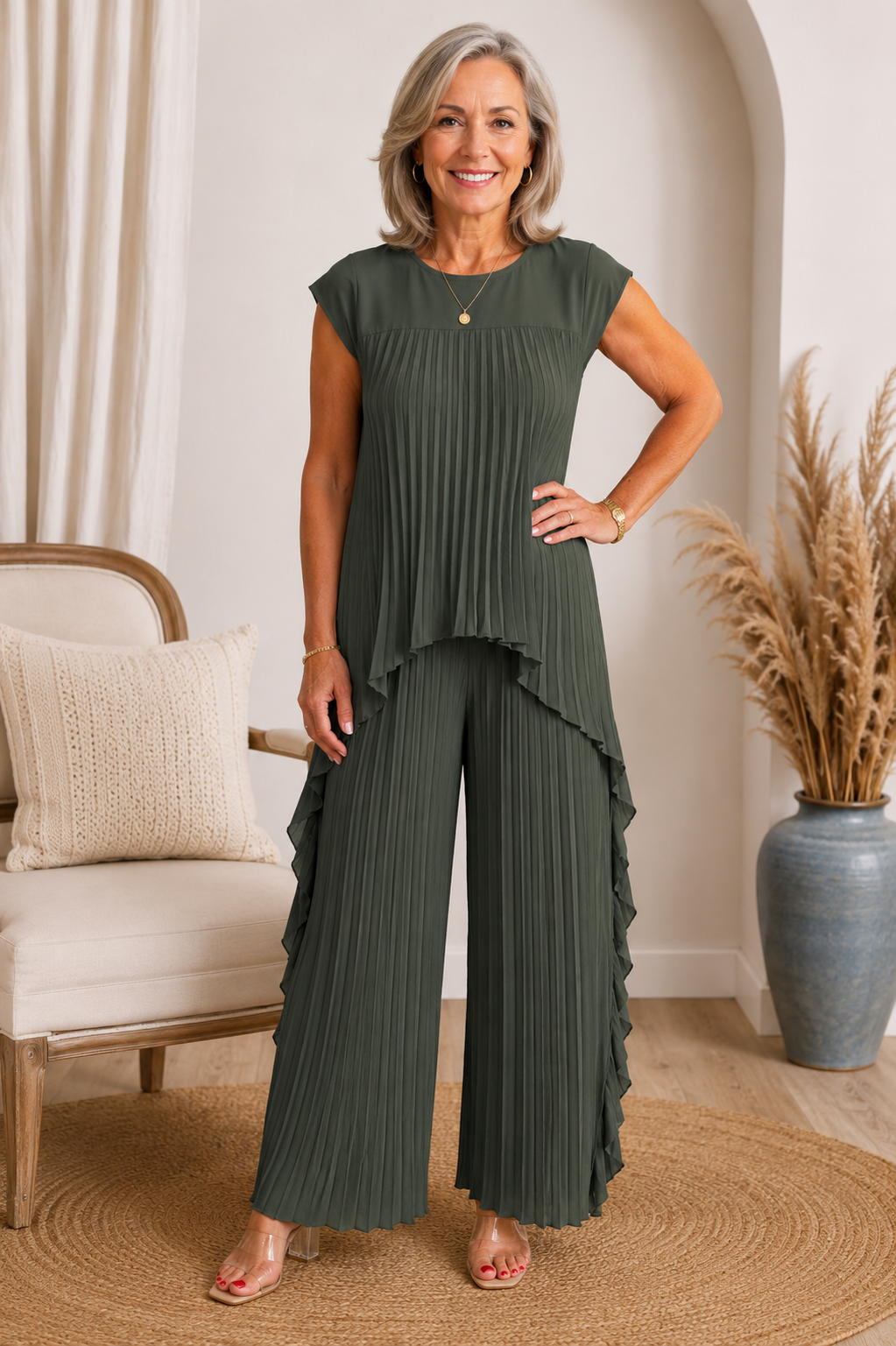 Completo donna plissettato con top asimmetrico e pantaloni larghi