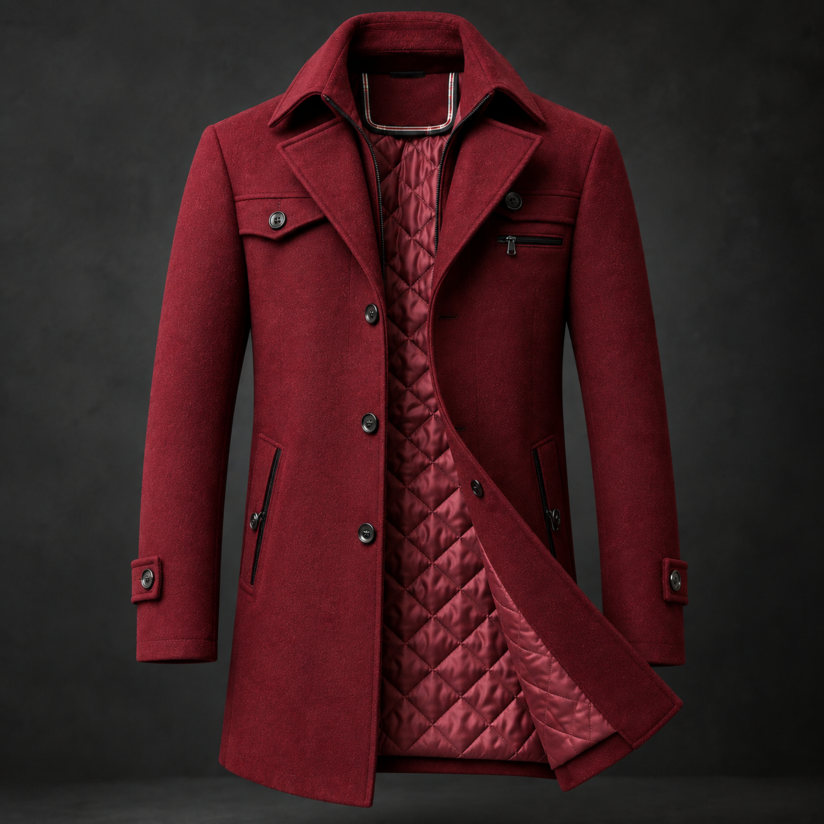 Cappotto uomo in lana con colletto alto e fodera trapuntata