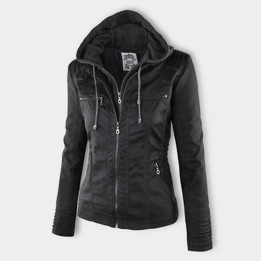 Giacca donna con cappuccio, zip e dettagli stile biker