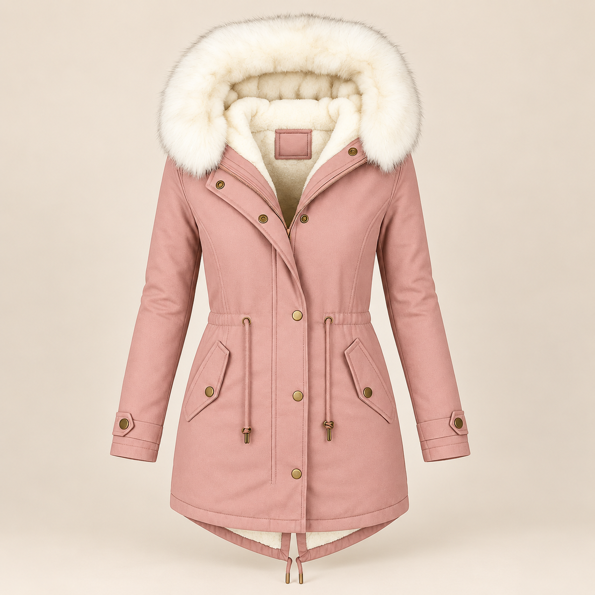 Parka lunga donna in poliestere con cappuccio e vita regolabile