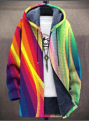 Cardigan donna artistico con cappuccio e stampa multicolore