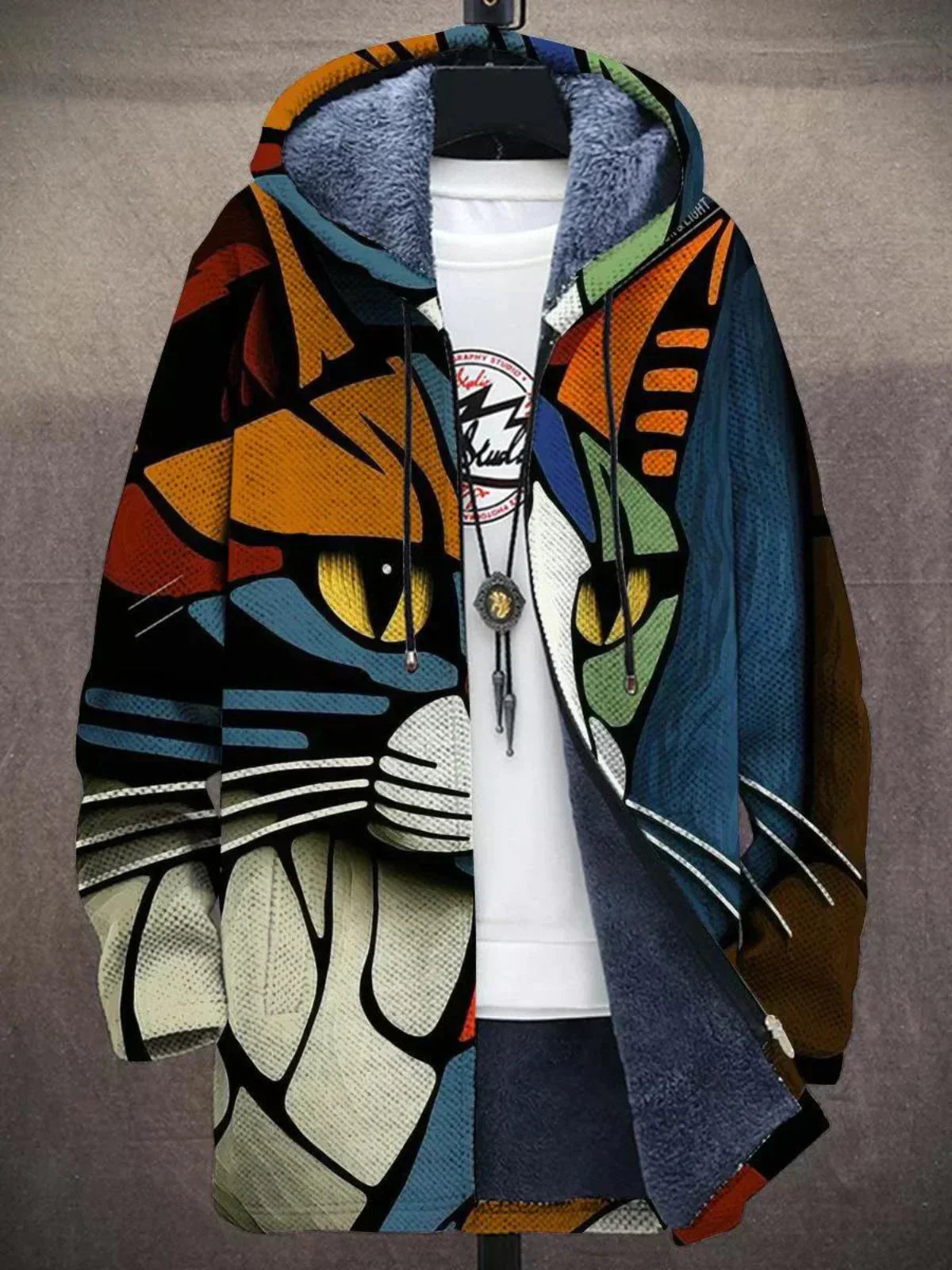 Cardigan donna artistico con cappuccio e stampa multicolore