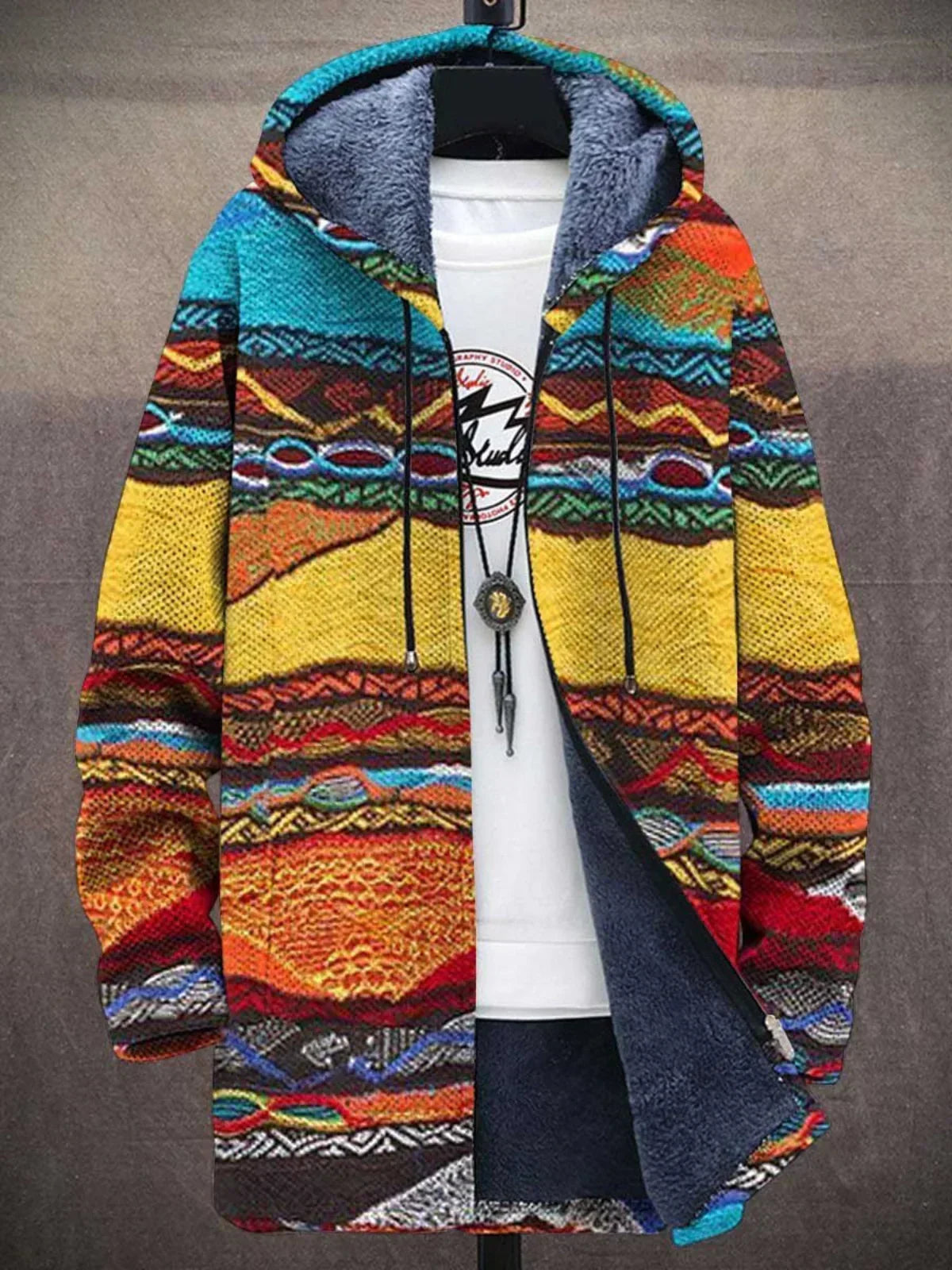 Cardigan donna artistico con cappuccio e stampa multicolore