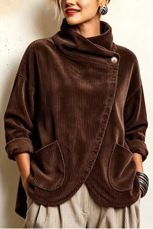Maglione donna in velluto a coste con collo alto asimmetrico