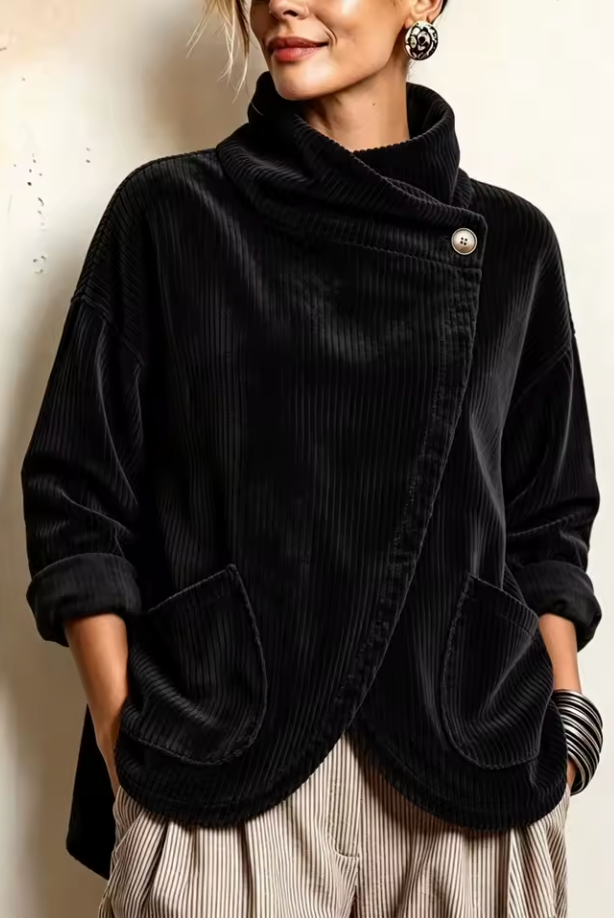 Maglione donna in velluto a coste con collo alto asimmetrico