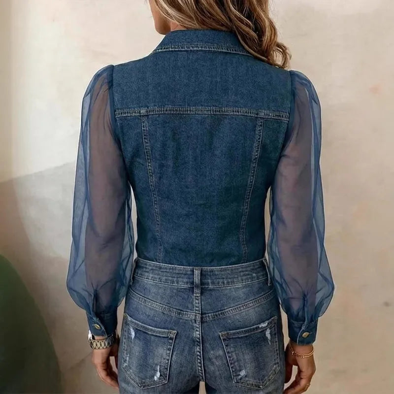 Camicia donna in denim con maniche trasparenti