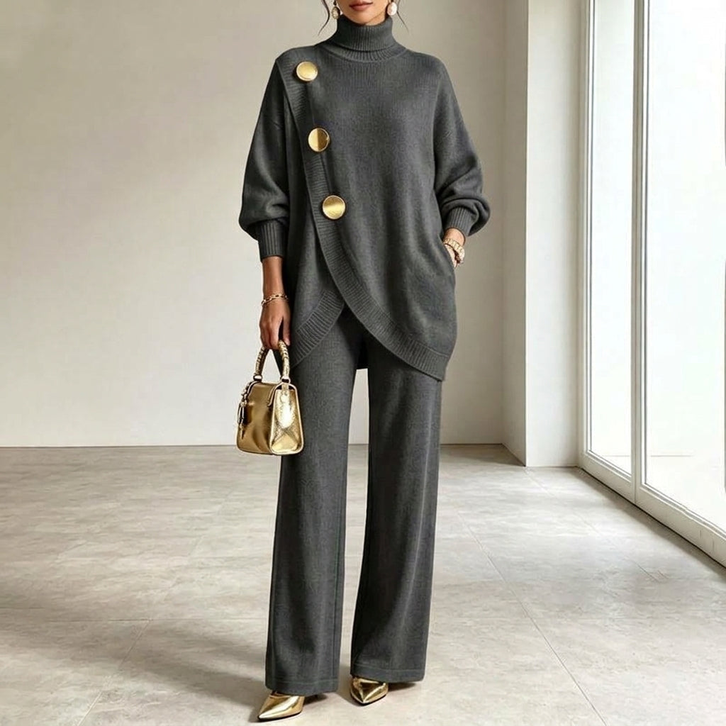 Completo donna in maglia con top asimmetrico e pantaloni palazzo