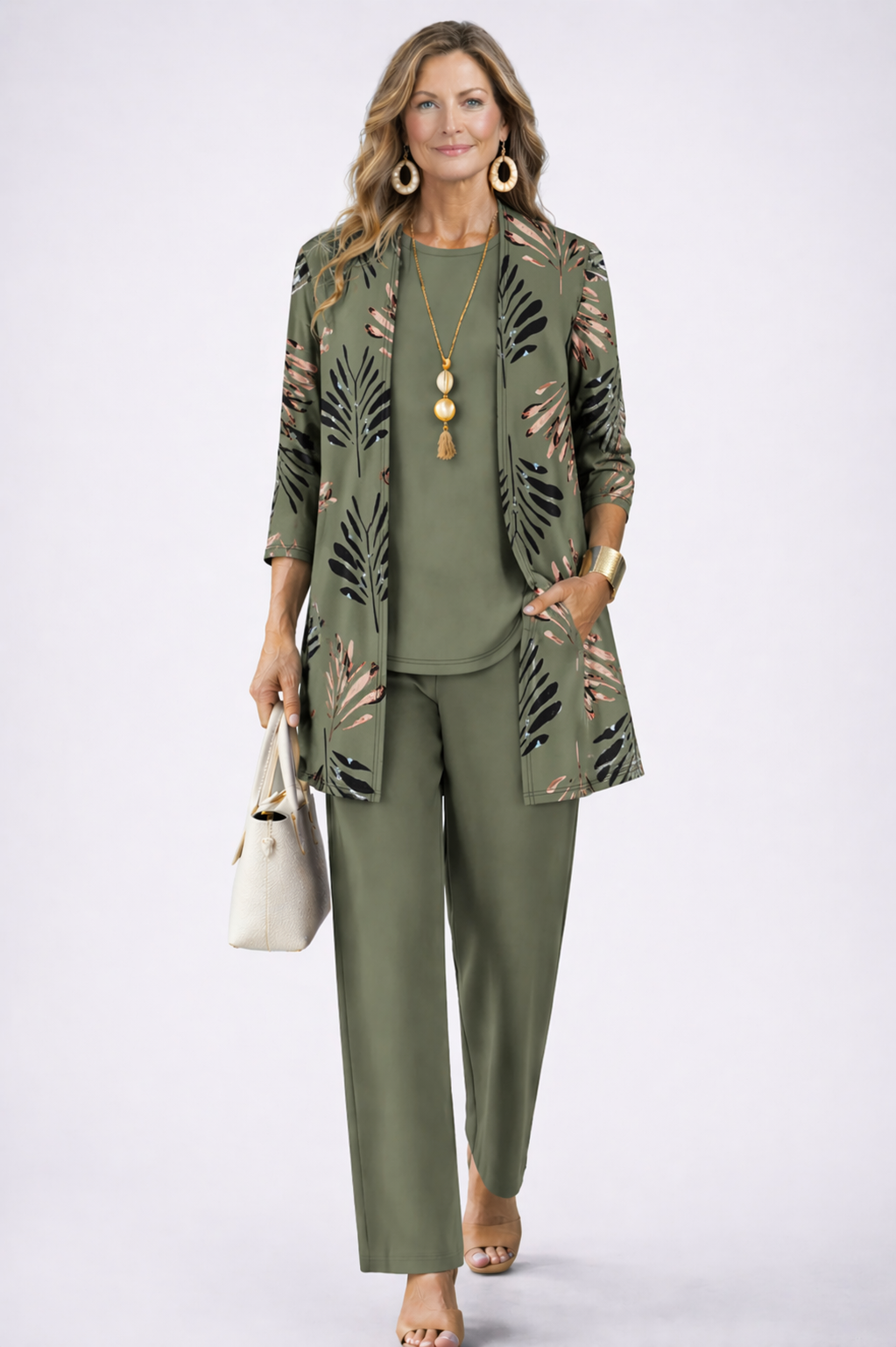 Completo donna tre pezzi con cardigan stampato