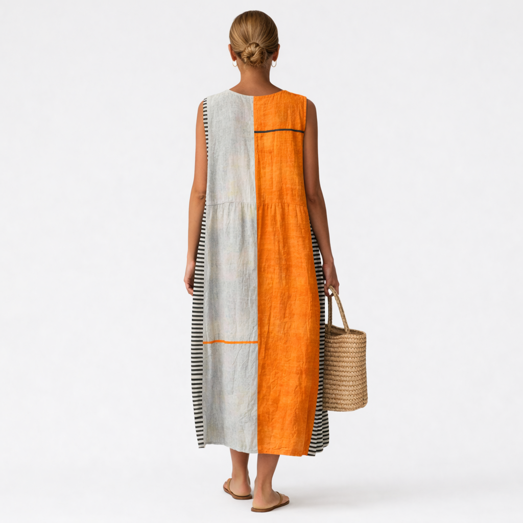 Abito midi donna color block con pannello a righe