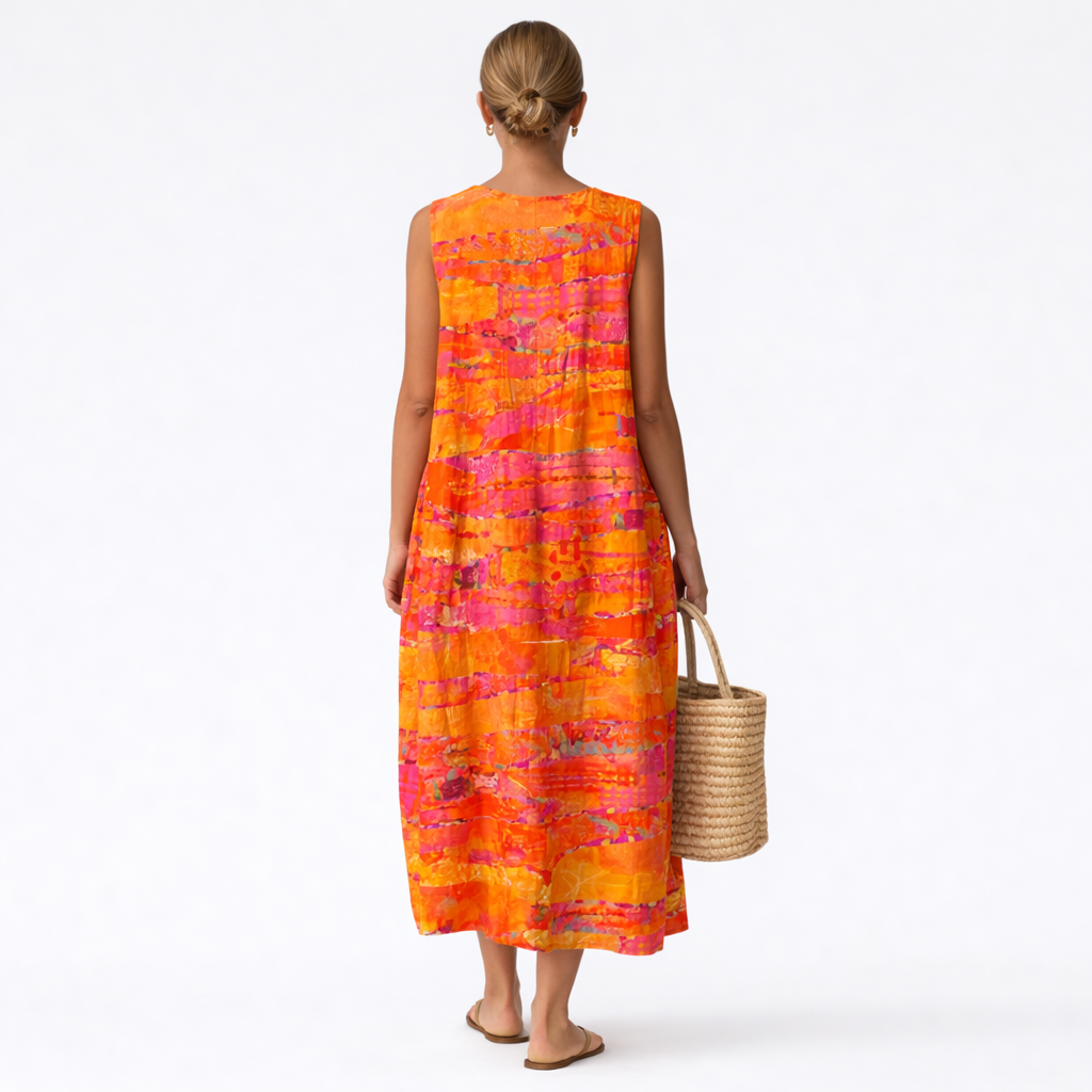 Abito midi smanicato donna con stampa astratta solare