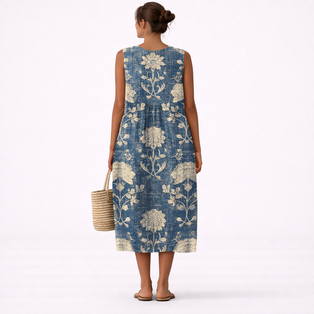 Abito midi donna smanicato in cotone viscosa con motivo floreale classico