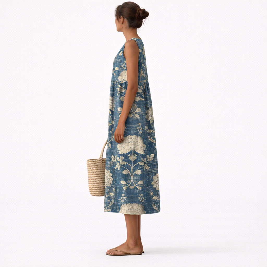 Abito midi donna smanicato in cotone viscosa con motivo floreale classico