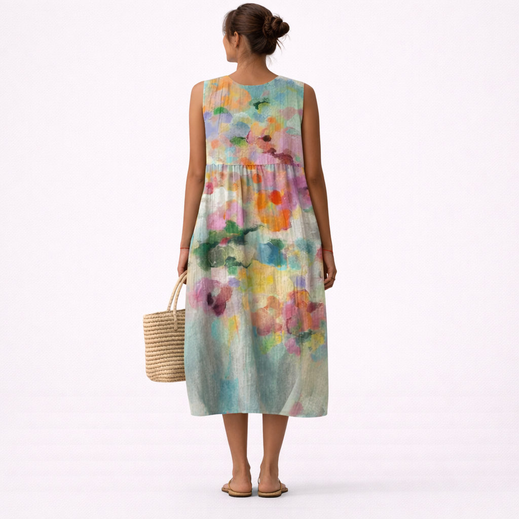 Abito midi smanicato donna con stampa acquerello