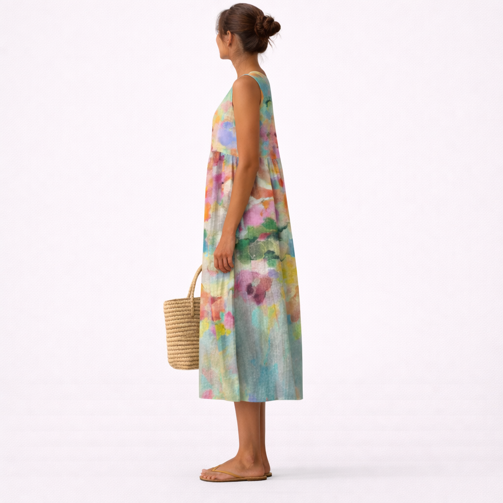 Abito midi smanicato donna con stampa acquerello