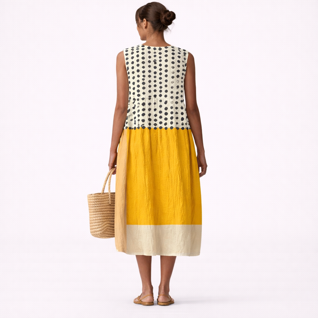 Abito midi donna in cotone viscosa a pois color block