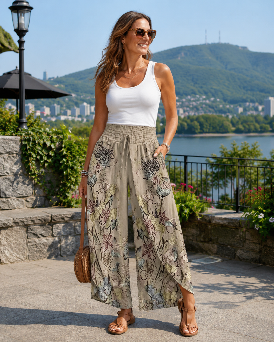 Pantaloni palazzo donna floreali con vita arricciata