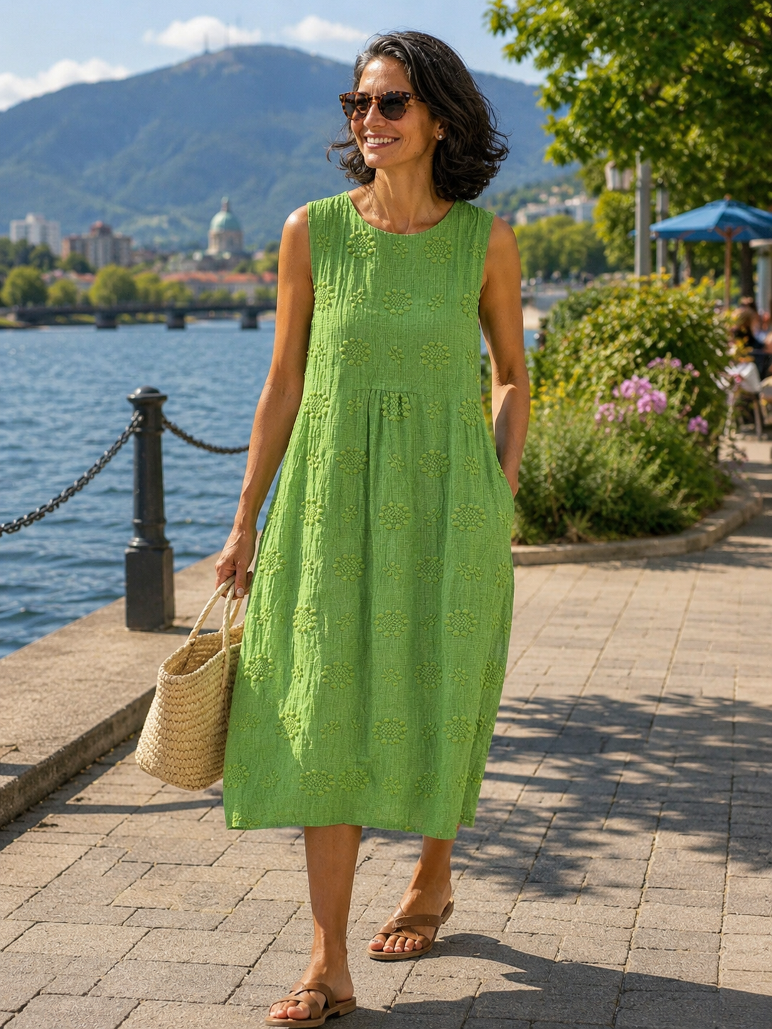 Abito midi donna ricamato smanicato da spiaggia
