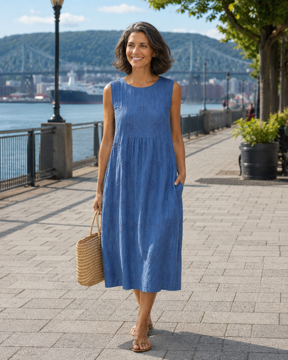 Abito midi donna smanicato con motivo ricamato e tasche