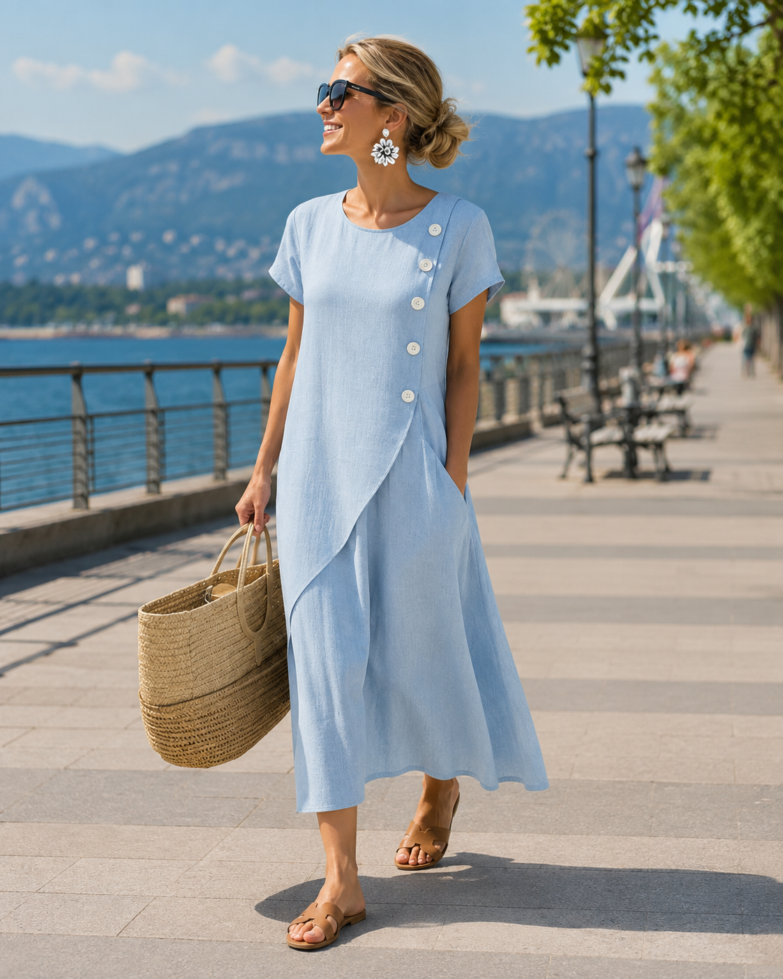 Abito midi donna in cotone lino con bottoni asimmetrici