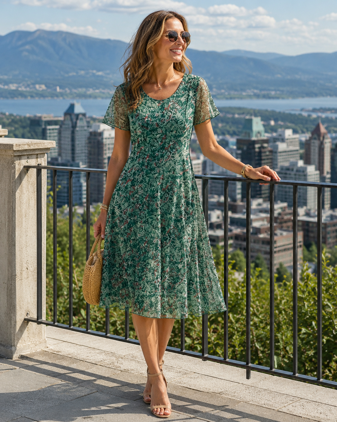 Abito donna floreale A-line con maniche corte
