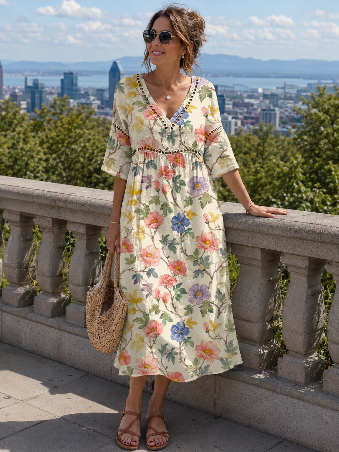 Abito midi donna cotone lino con stampa floreale e collo a V