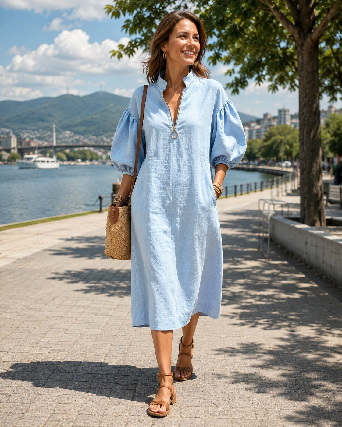 Abito midi donna A-line con maniche a sbuffo e zip
