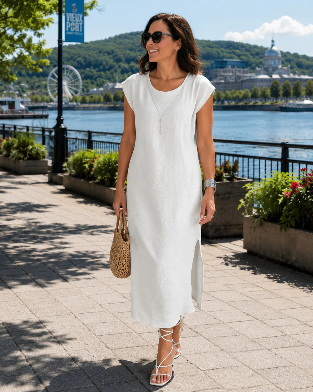 Abito midi da donna in micro-crepe con spacco laterale