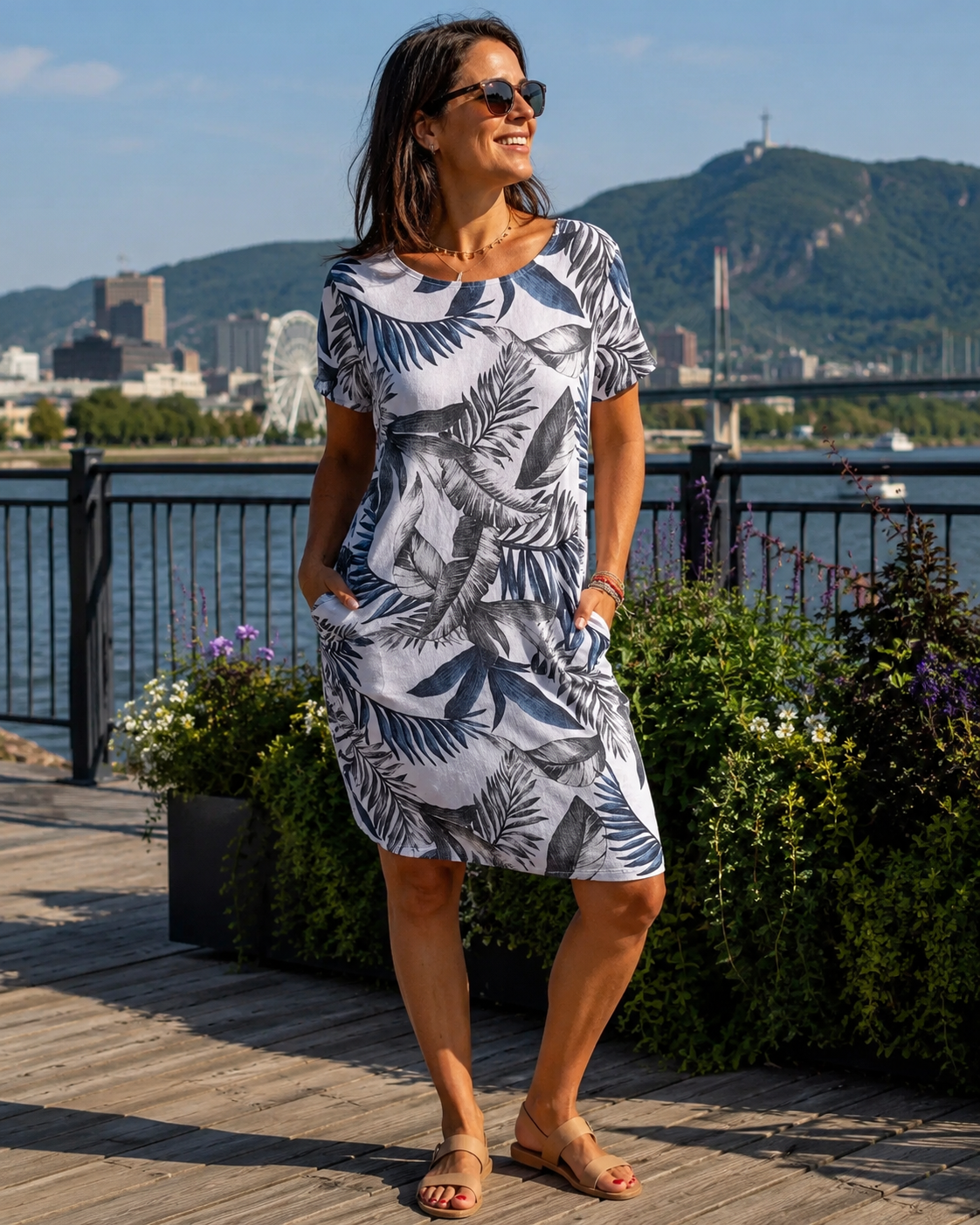 Abito donna fluido con stampa botanica e tasche