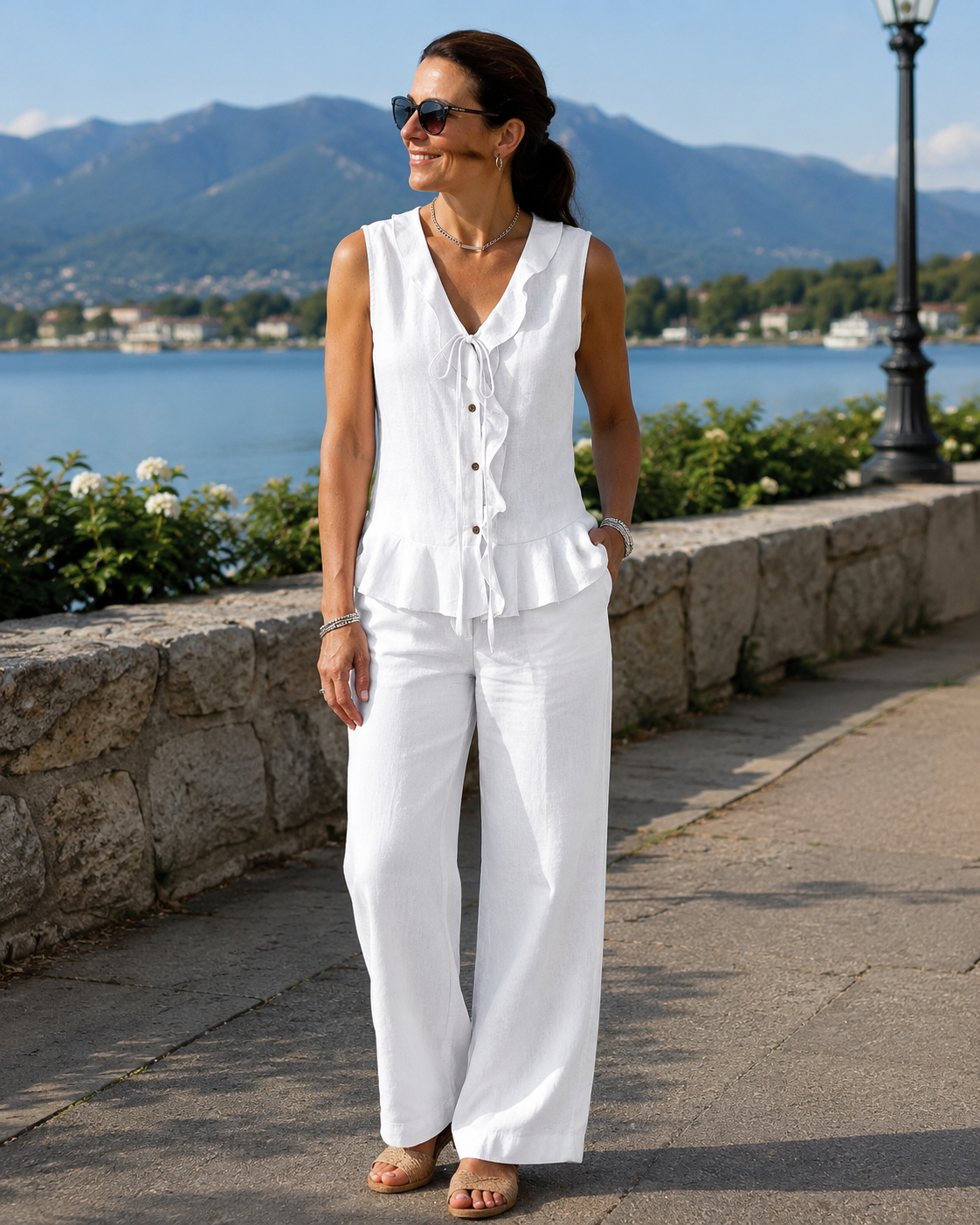 Top donna senza maniche con volant e scollo a V