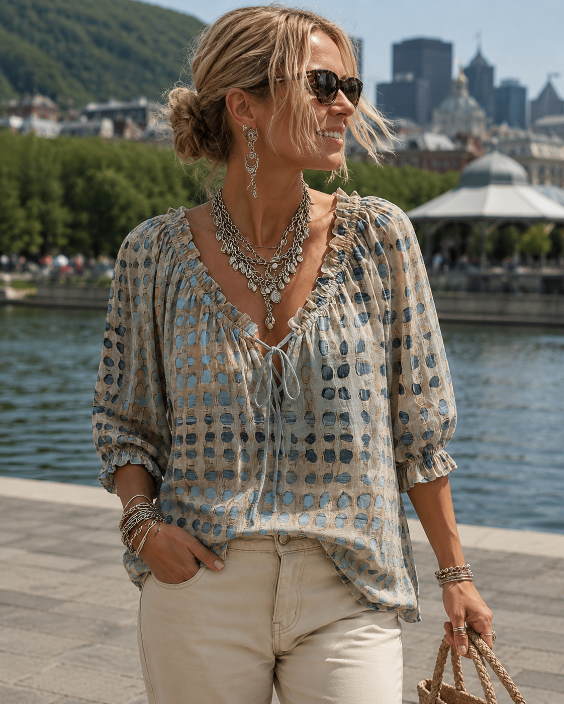 Blusa donna boho a pois con scollo a V e laccio