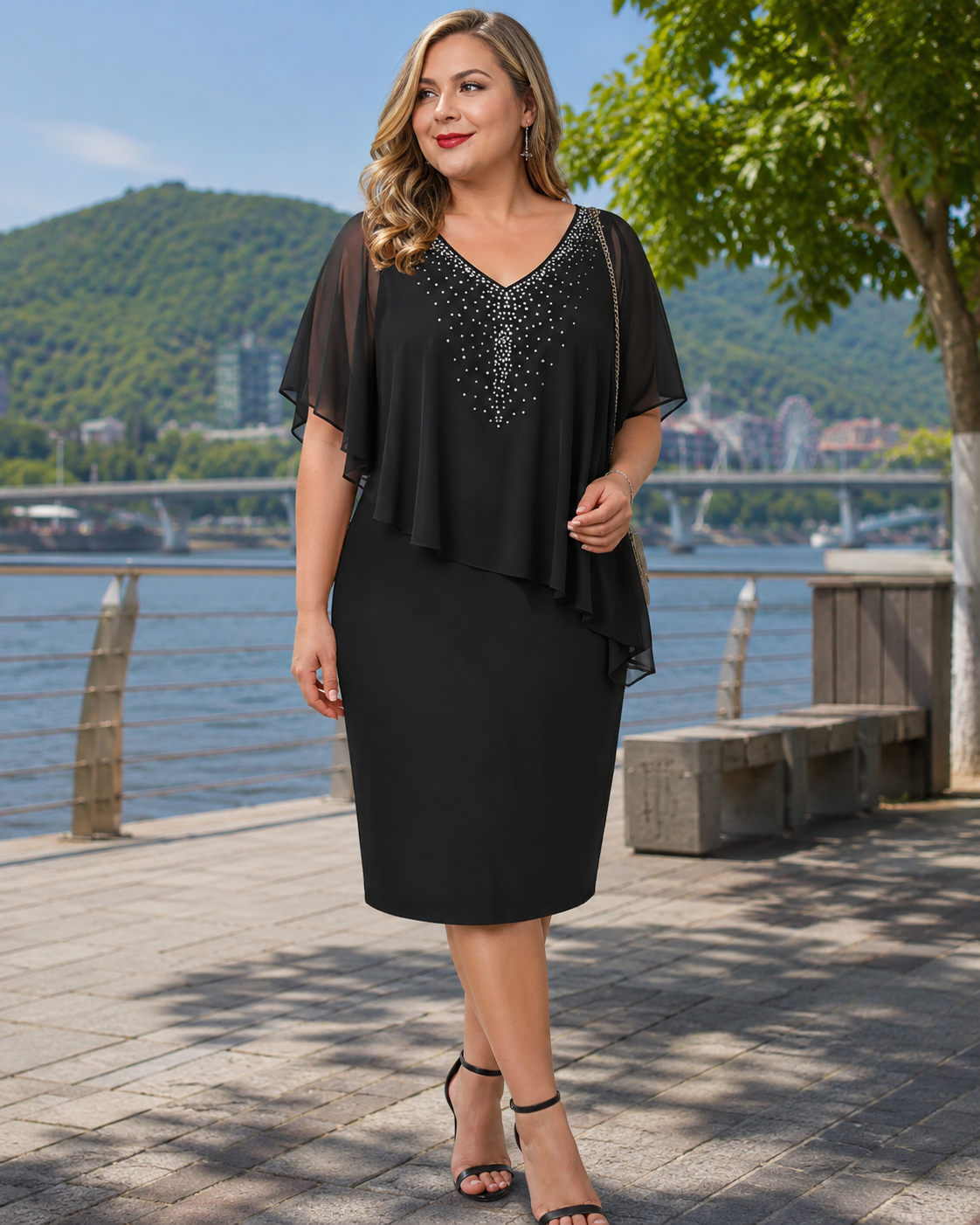 Abito midi donna elegante con strass e mantella in chiffon