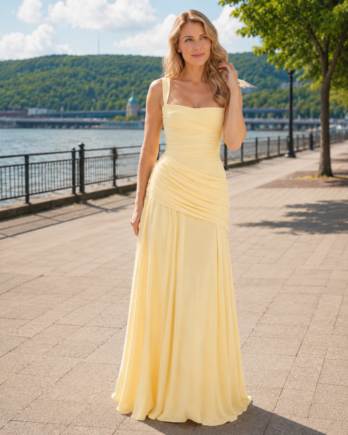 Abito maxi donna elegante con scollo quadrato e drappeggio