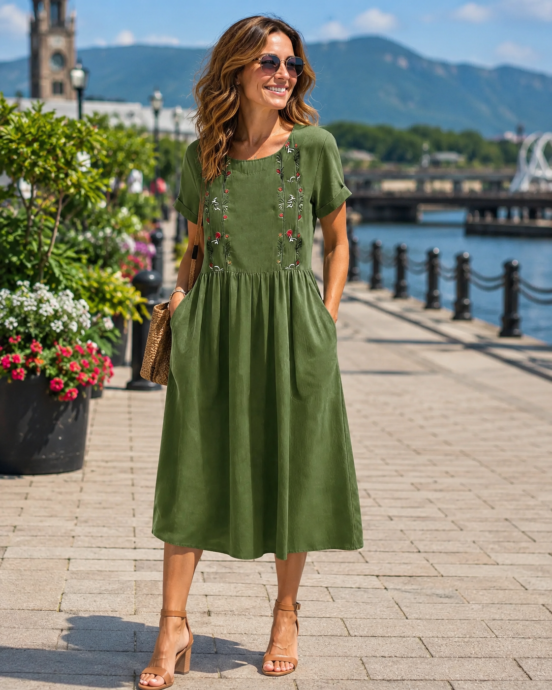 Abito midi donna con ricamo floreale e tasche laterali