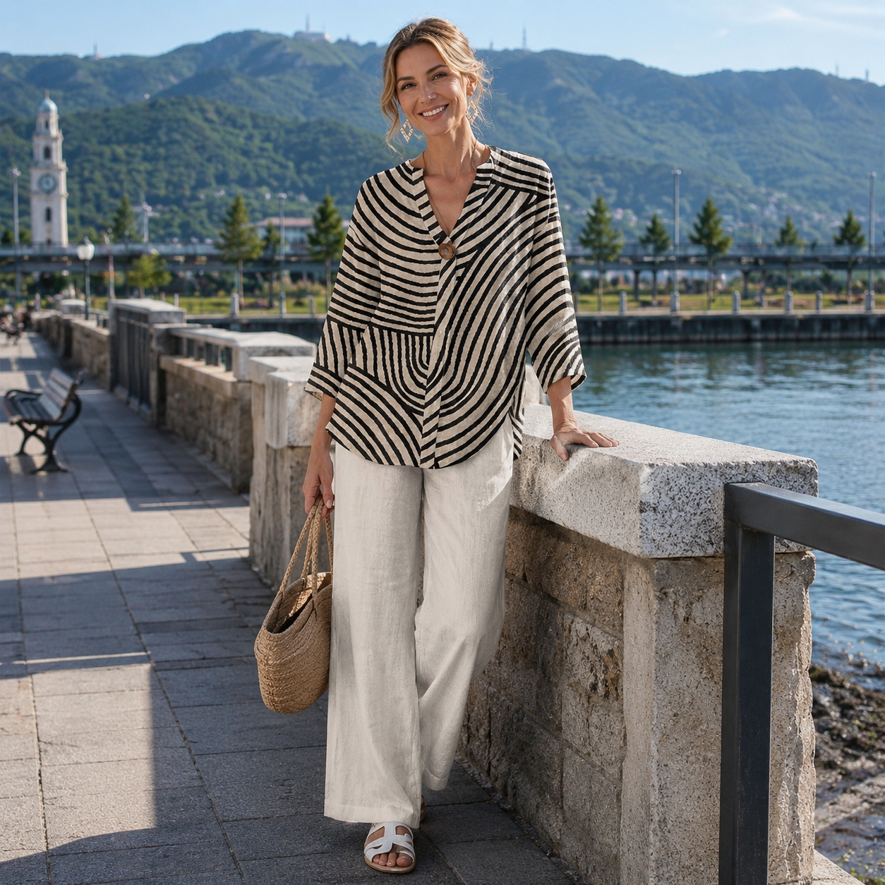 Completo donna a righe con pantaloni larghi