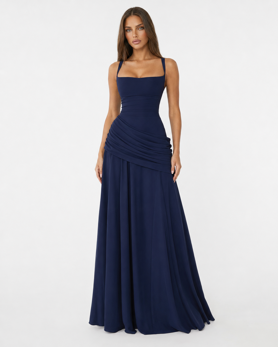 Abito maxi donna elegante con scollo quadrato e drappeggio